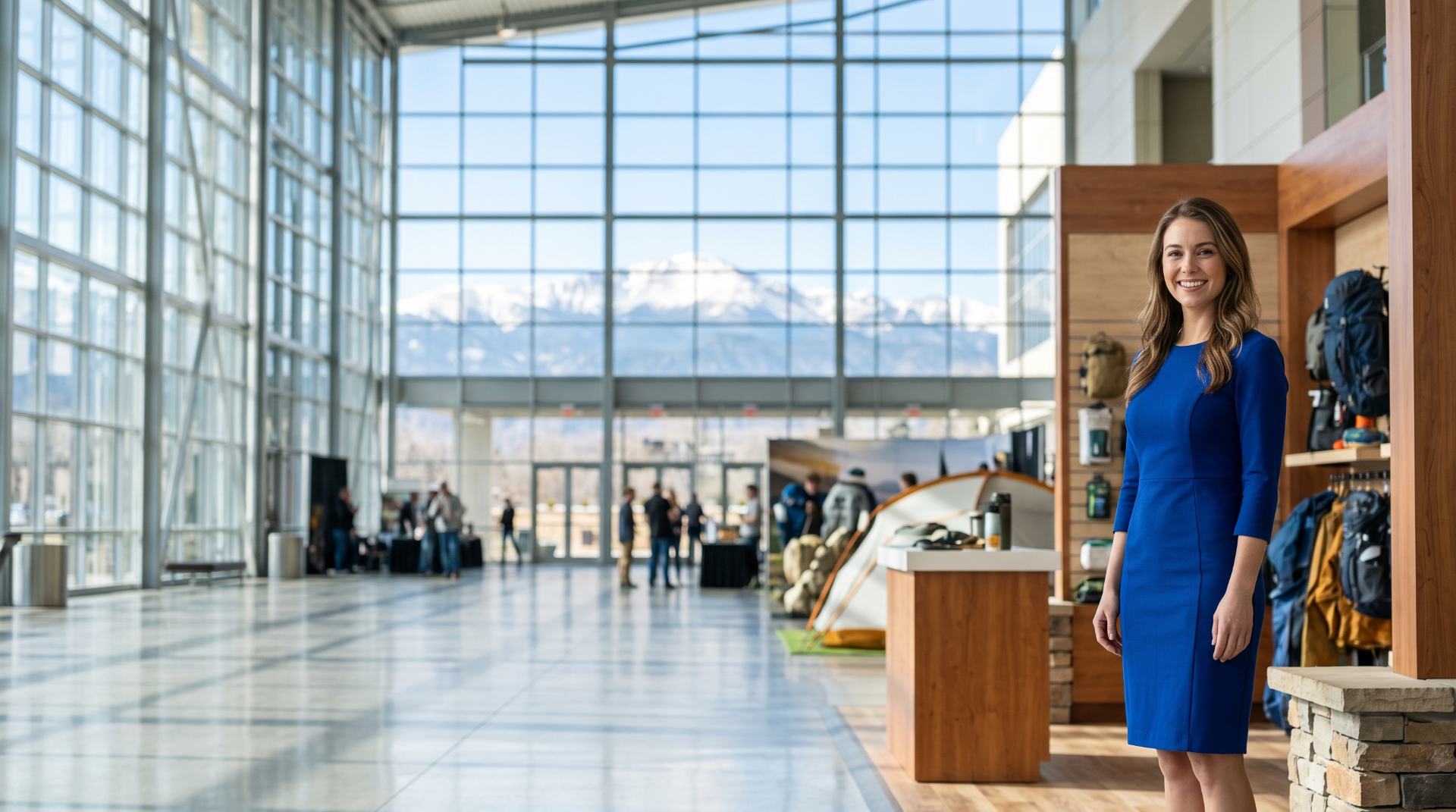Brand ambassador in a royal-blue dress at an outdoor gear exhibit with the Rocky Mountains visible through glass, Denver