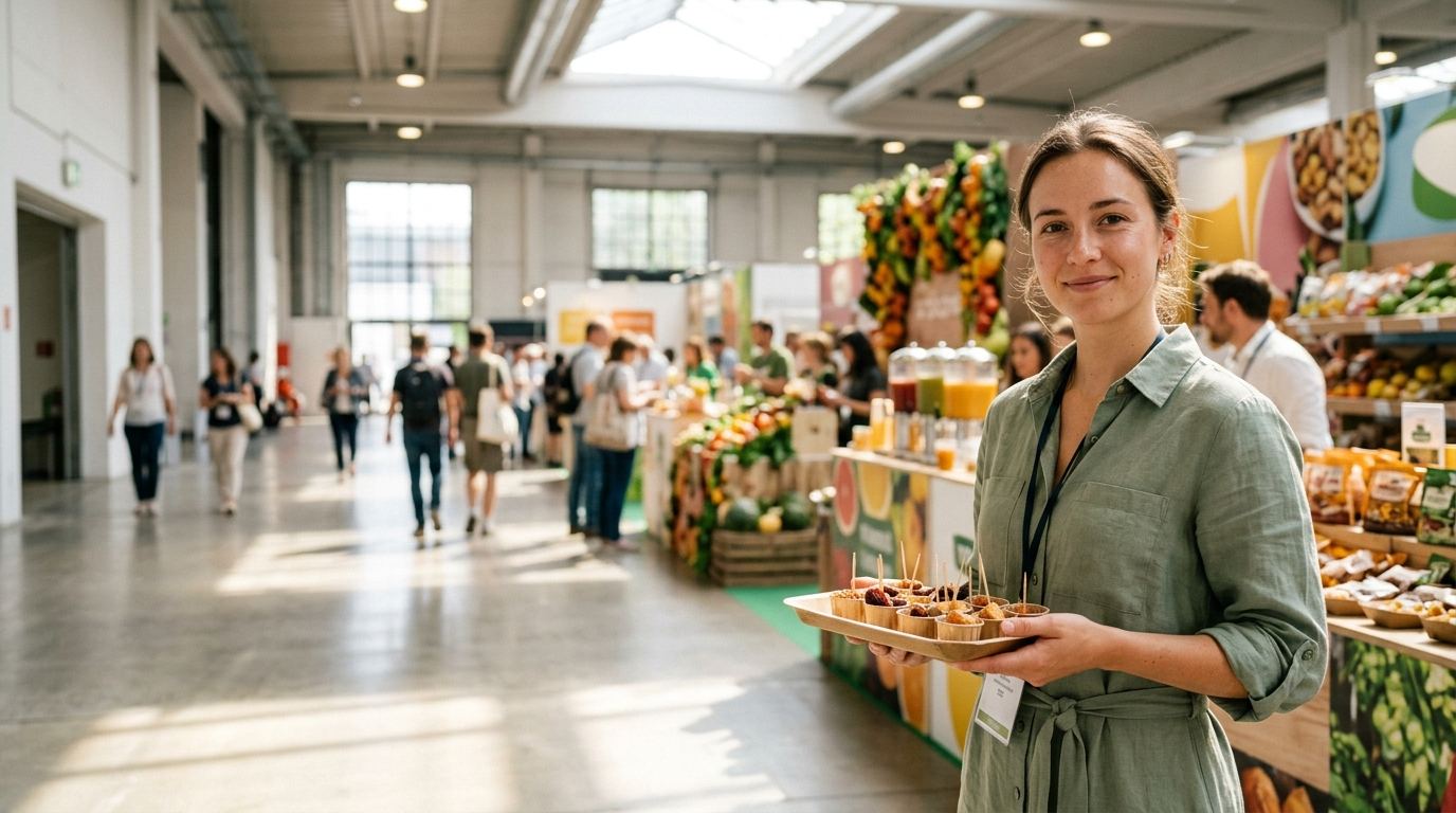 Brand ambassador in a sage-green linen dress holding a tray of food samples in a sunny natural products exhibition hall, Expo West Anaheim