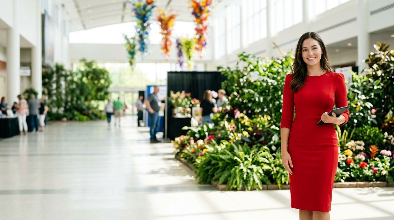 Brand ambassador in a scarlet dress at a garden and plant exhibit in a colorful convention concourse, Columbus