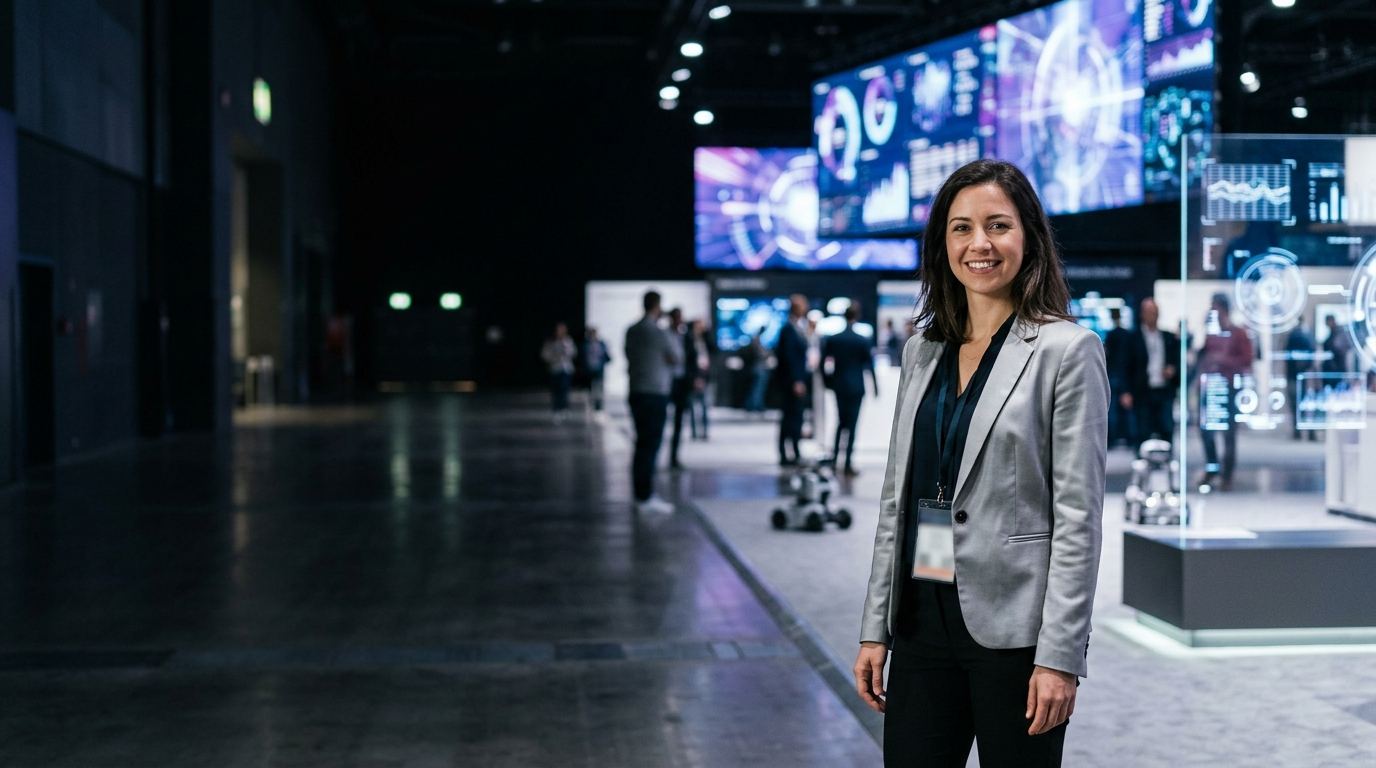 Brand ambassador in a silver blazer in a dark technology exhibition hall with giant LED walls, CES Las Vegas