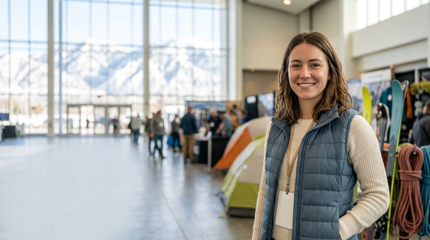 Brand ambassador in a slate-blue quilted vest at an outdoor-gear exhibit with snow-capped mountains through the windows, Salt Lake City