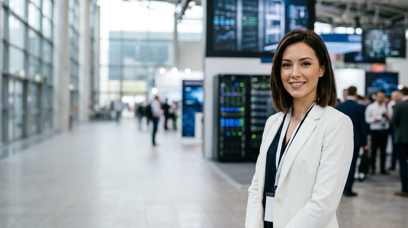 Brand ambassador in a tailored outfit on the right side of a wide cloud and AI technology expo hall with glowing demo screens