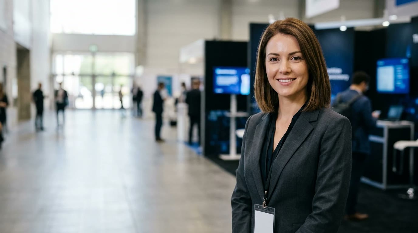 Brand ambassador in a tailored outfit on the right side of a wide cybersecurity conference expo hall with glowing product screens