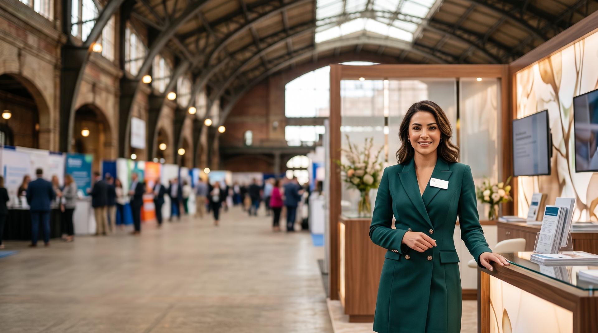 Brand ambassador in a teal blazer dress at a pharmaceutical exhibit under historic train-shed arches, Philadelphia