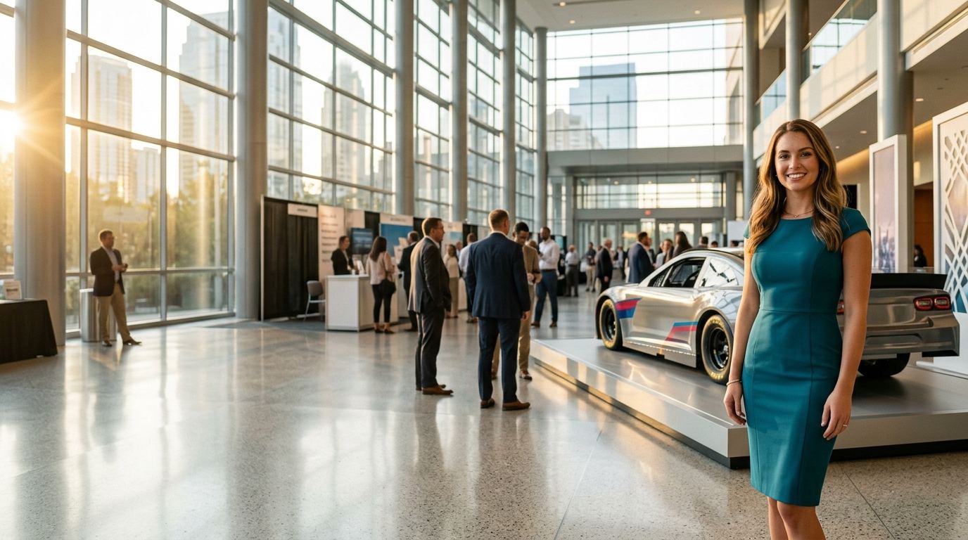 Brand ambassador in a teal dress beside a stock race car in an uptown convention lobby at golden hour, Charlotte