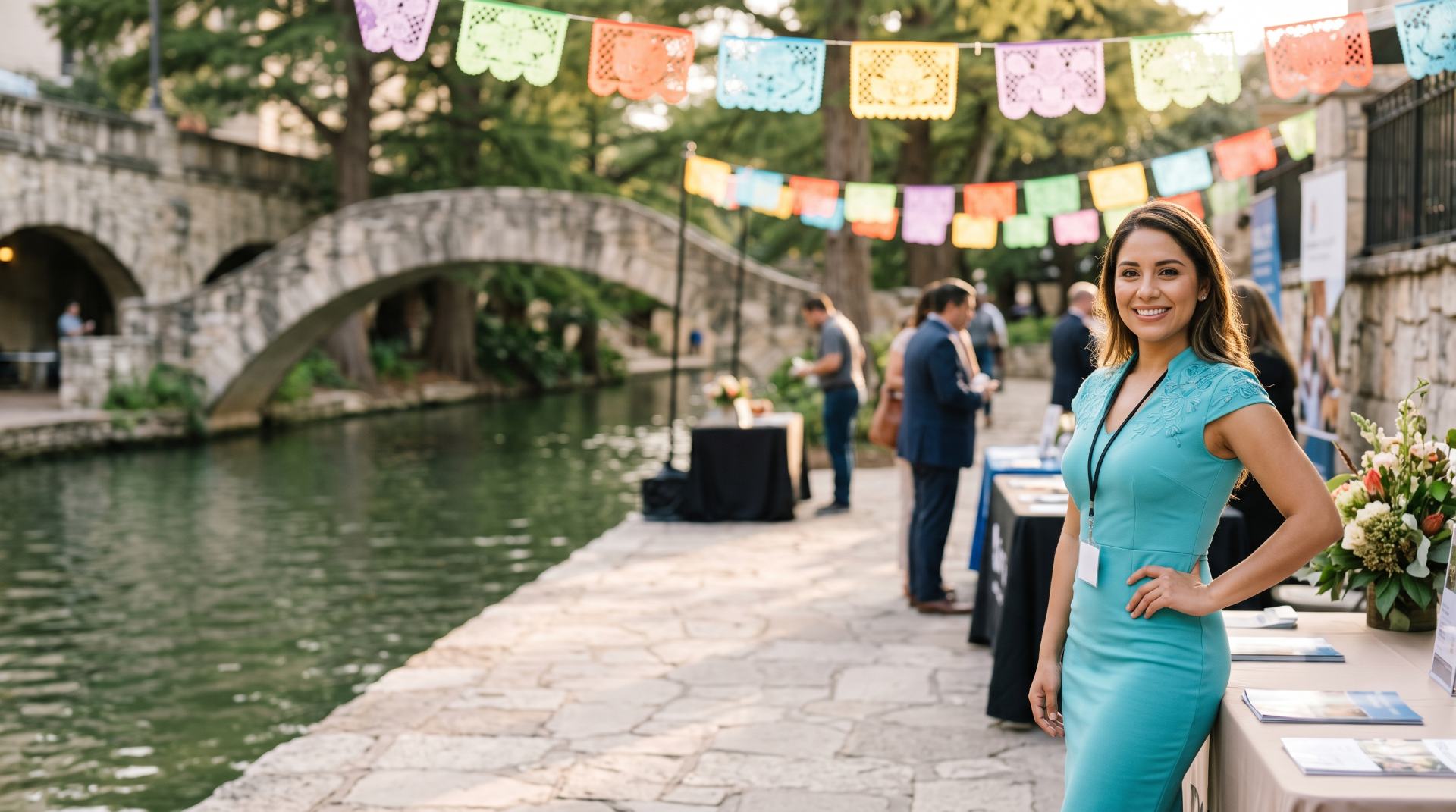 Brand ambassador in a turquoise embroidered dress at a riverside convention terrace with papel picado banners, San Antonio