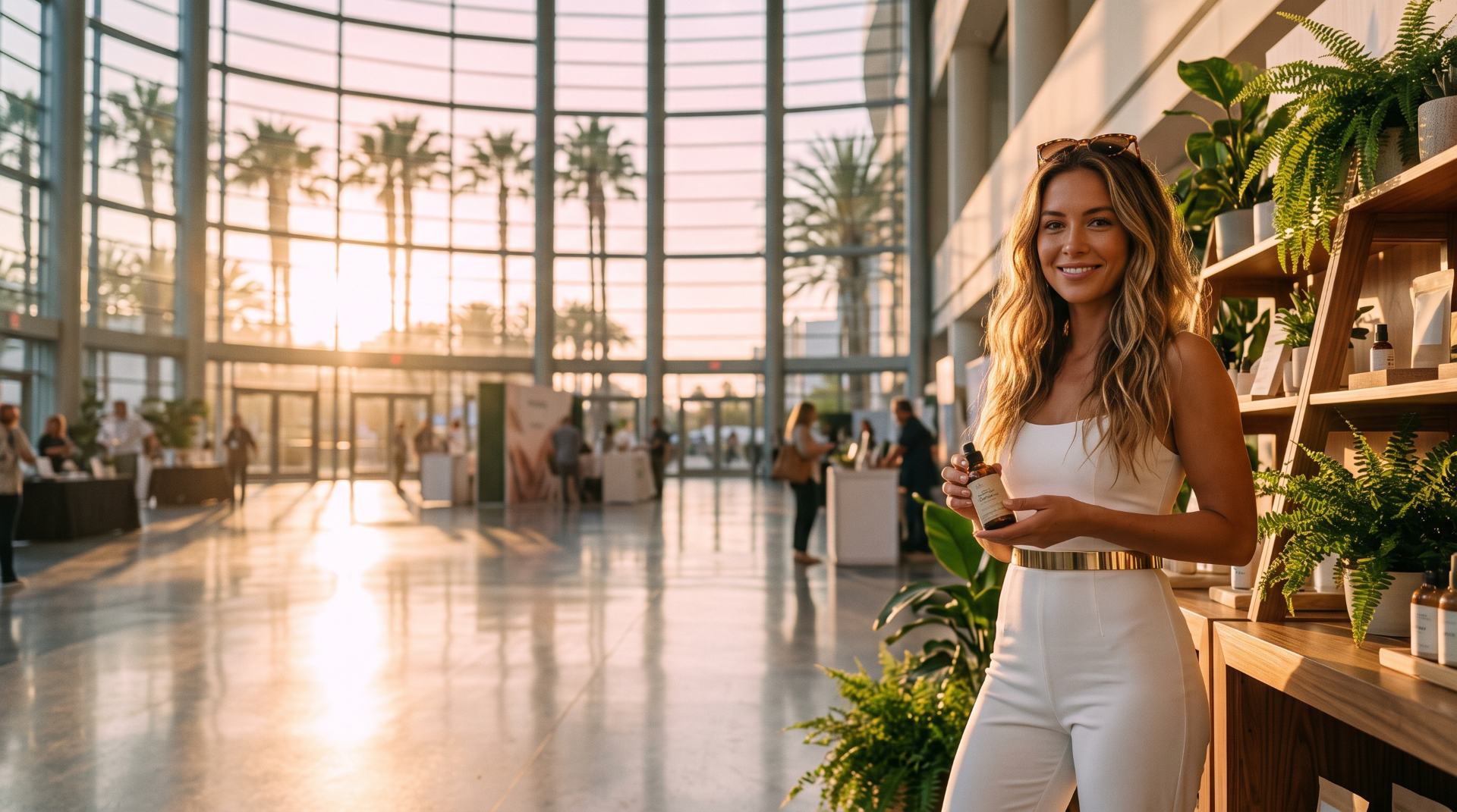 Brand ambassador in a white jumpsuit holding a product at a wellness exhibit at golden hour, Anaheim