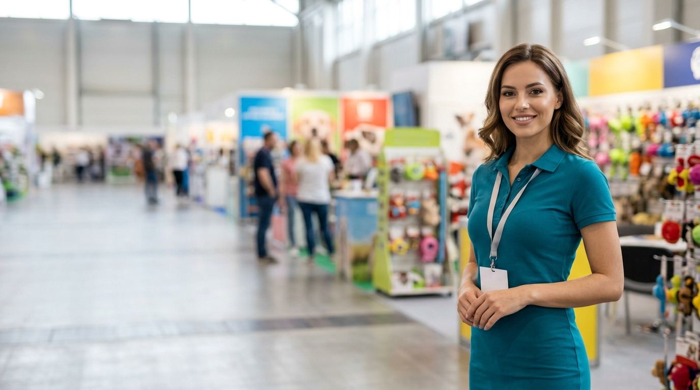 Bright pet products expo hall with colorful pet food and toy booths and a brand ambassador in a teal polo