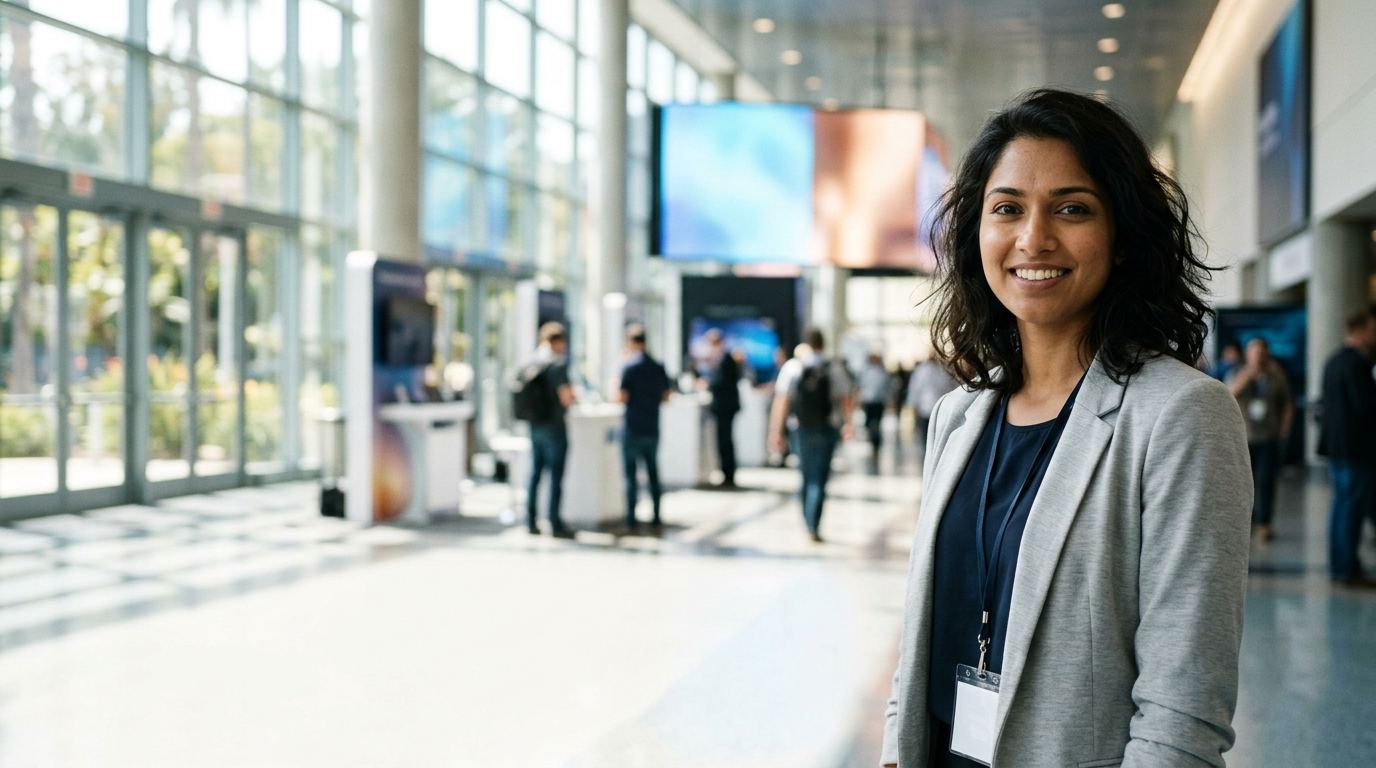 Event host in a light grey blazer and lanyard in a sunlit glass convention lobby, demo kiosks and visitors behind her
