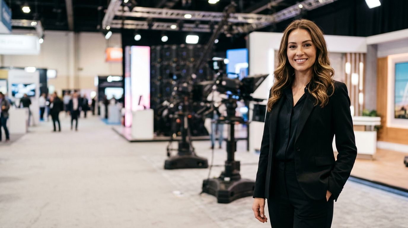 Broadcast technology expo hall with cameras, LED walls and studio sets, and a brand ambassador in a black blazer