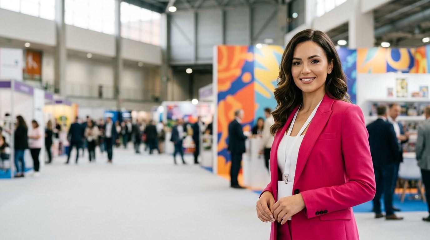 Colorful brand licensing hall with character displays and bright booths, with a brand ambassador in a bright tailored blazer
