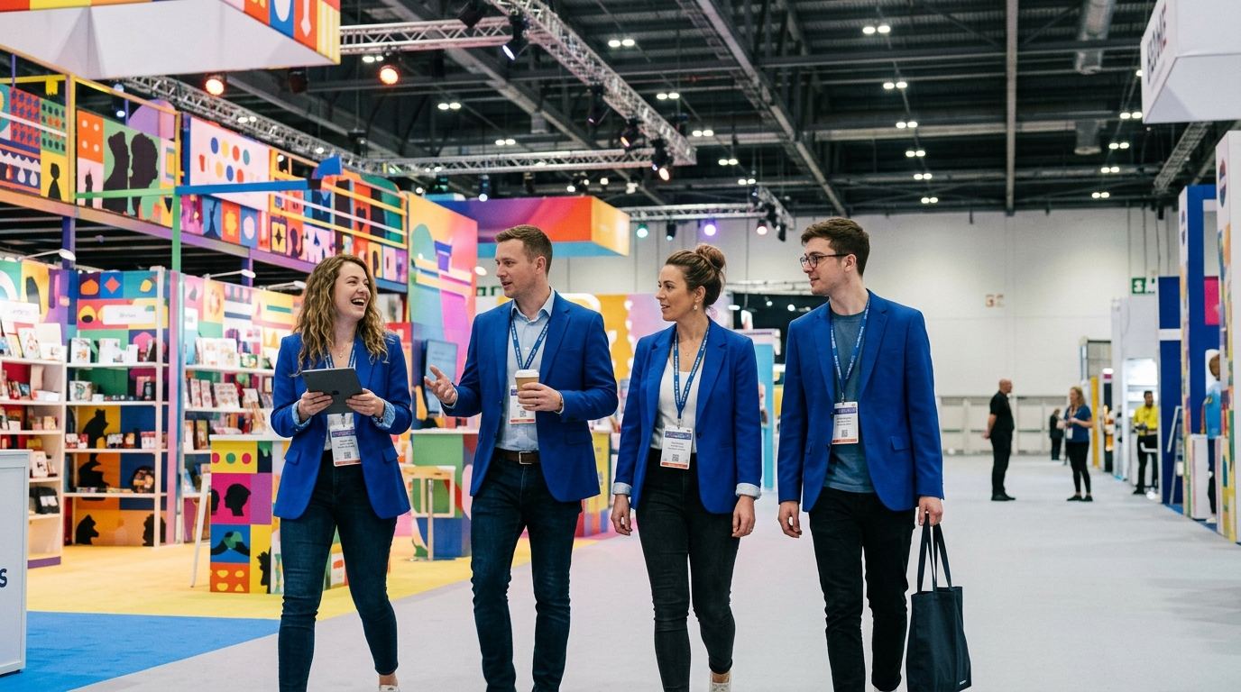 Crew of four booth hosts in matching outfits walking past colorful brand booths before the hall opens