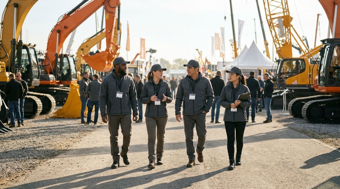 Crew of four booth staff in hard-hat-style caps walking past heavy machines on an outdoor exhibit lot in morning sun