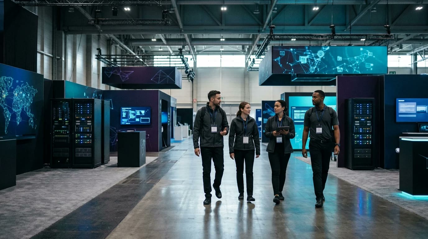 Crew of four booth staff in matching outfits walking a cybersecurity expo hall before the doors open, the way an RSAC crew starts the day