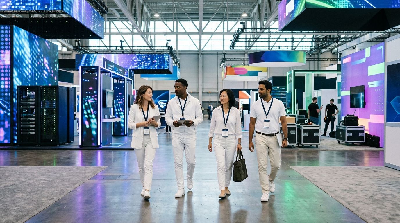 Crew of four booth staff in matching outfits walking a cloud tech expo hall before the doors open, the way a re:Invent crew starts its day