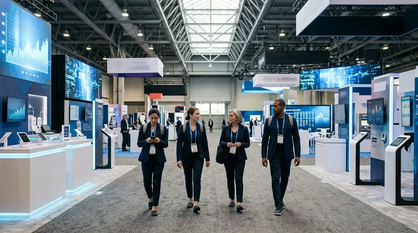 Crew of four booth staff in matching outfits walking a fintech expo hall past payment booths before the doors open