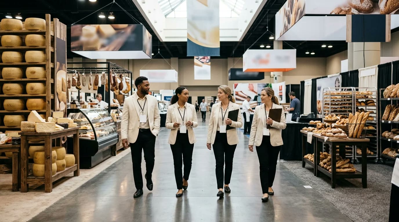 Crew of four booth staff in matching outfits walking a quiet dairy, deli and bakery expo hall before the doors open