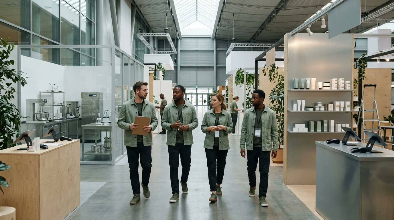 Crew of four booth staff in matching outfits walking a quiet cannabis business expo hall past packaging and retail technology booths before the doors open