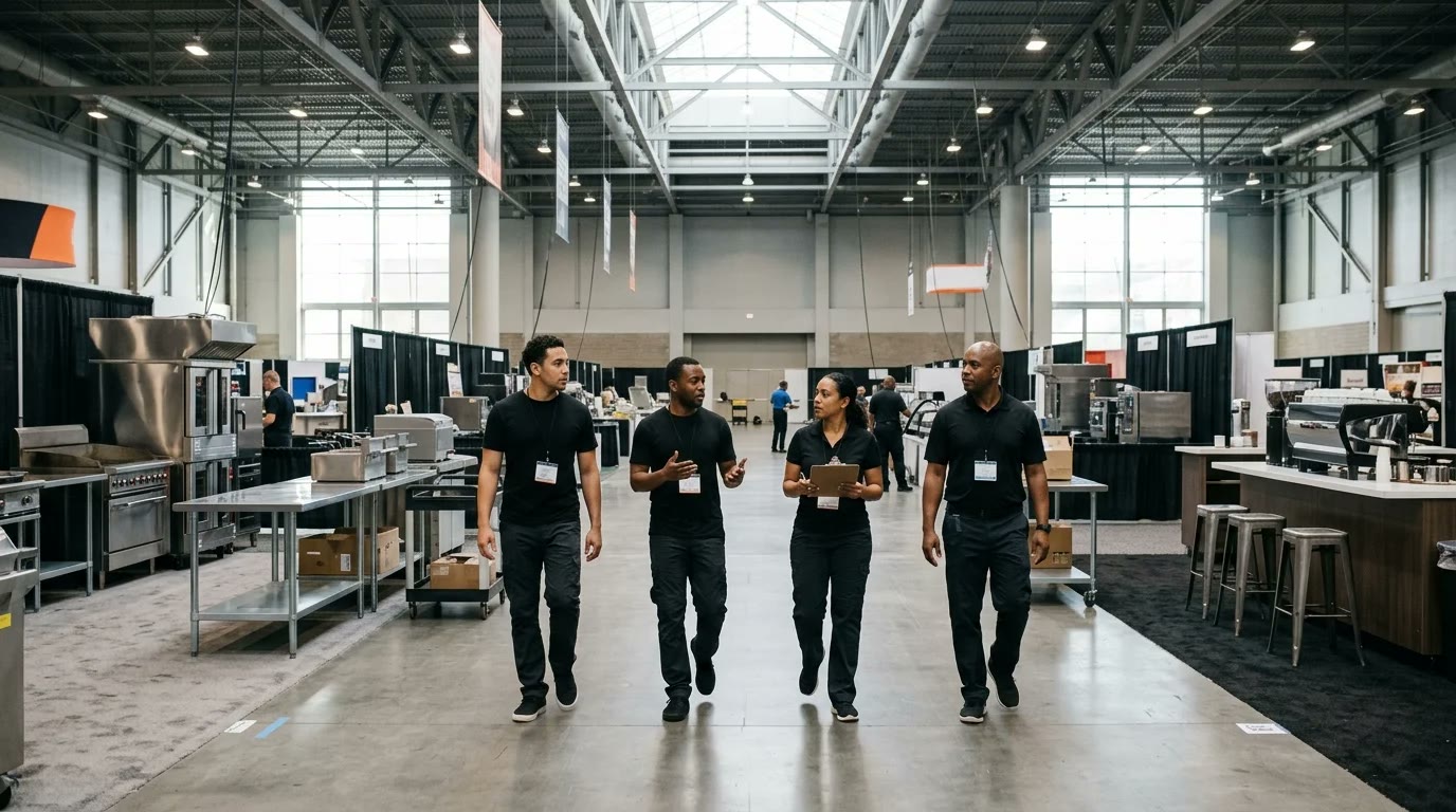 Crew of four booth staff in matching outfits walking a quiet foodservice expo hall past equipment and food booths before the doors open