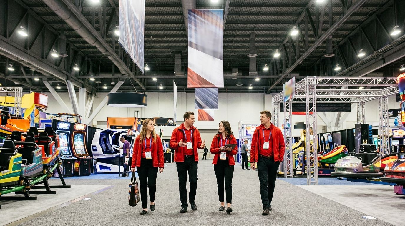 Crew of four booth staff in matching outfits walking an attractions expo hall past ride vehicles before the doors open