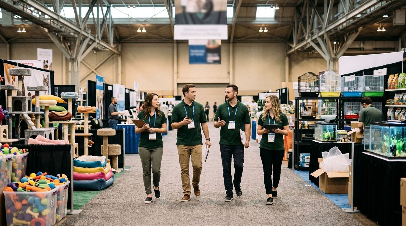Crew of four booth staff in matching outfits walking an empty pet products expo hall before the doors open