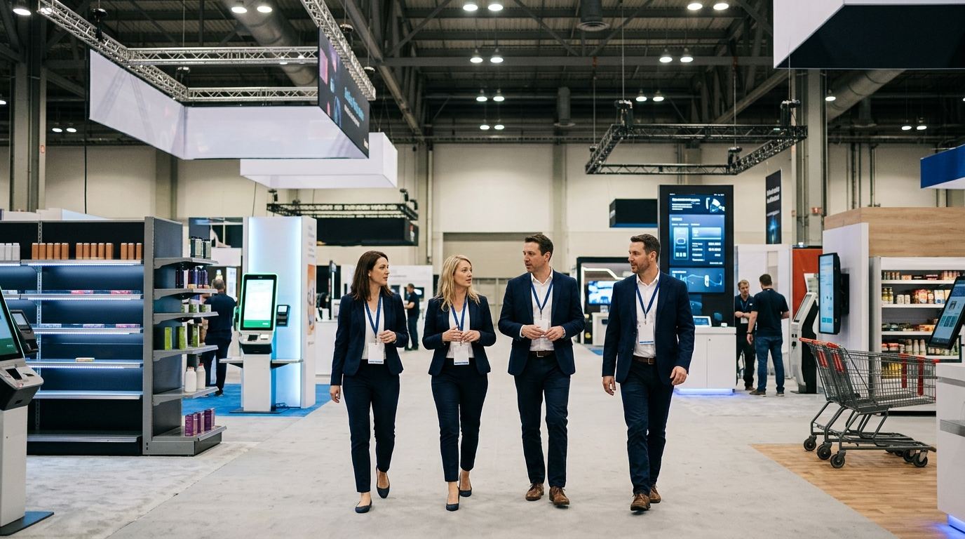 Crew of four booth staff in matching outfits walking an empty retail technology hall past smart shelves and checkout displays before the doors open