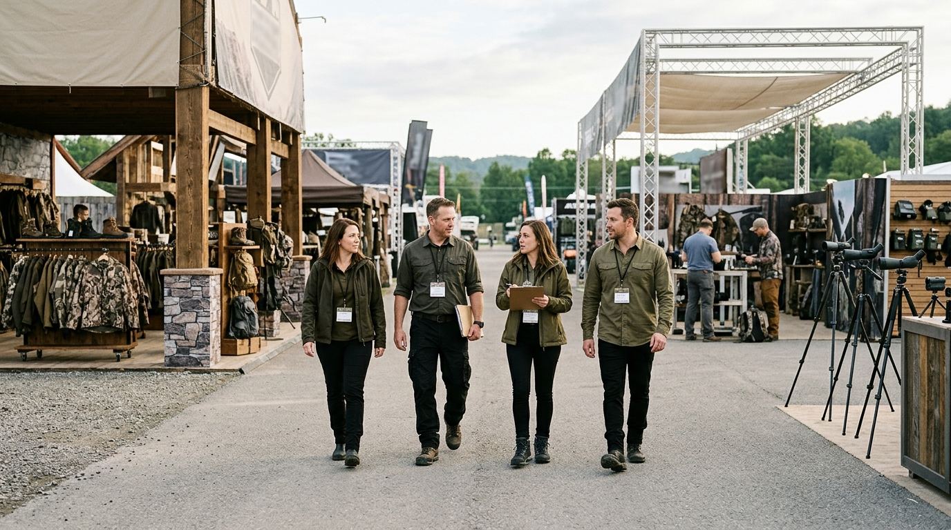 Crew of four booth staff in matching outfits walking an outdoor apparel and optics hall before the doors open