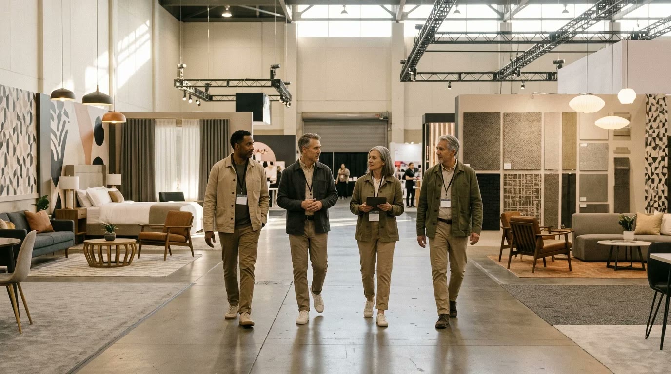 Crew of four booth staff in matching outfits walking through a quiet hospitality design expo hall past furniture and lighting displays before the doors open