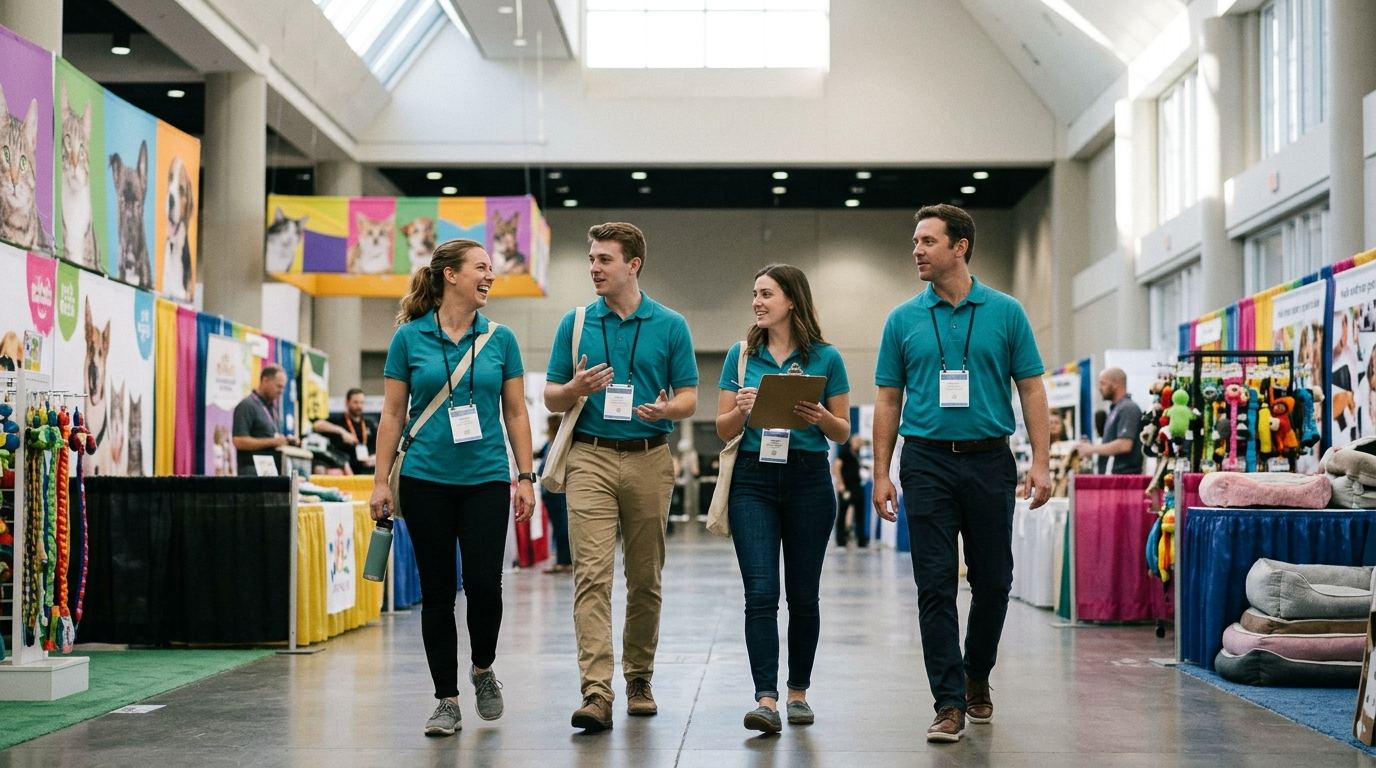 Crew of four booth staff in matching polos walking past colorful pet product booths before the SuperZoo show floor opens