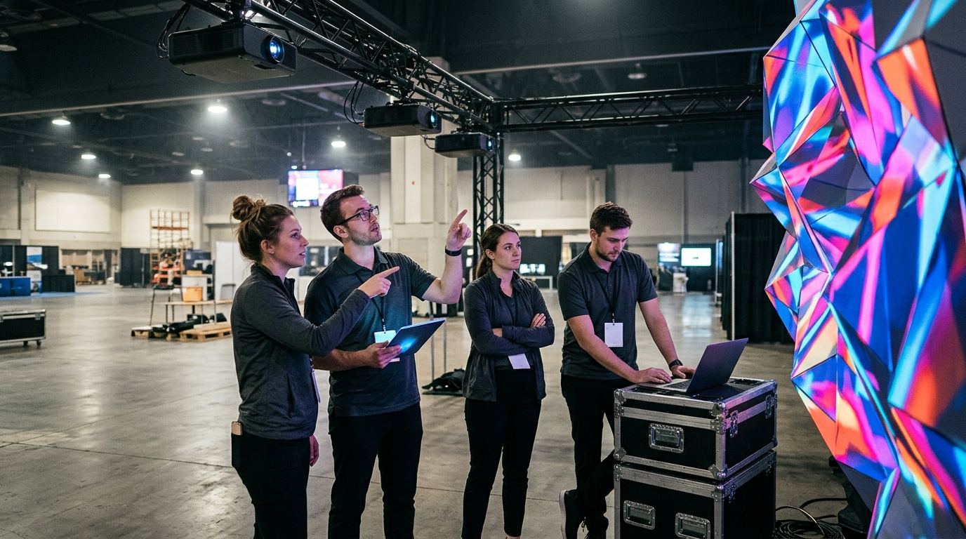 Crew of four booth staff testing a projection-mapping demo with the exhibitor before the InfoComm hall opens