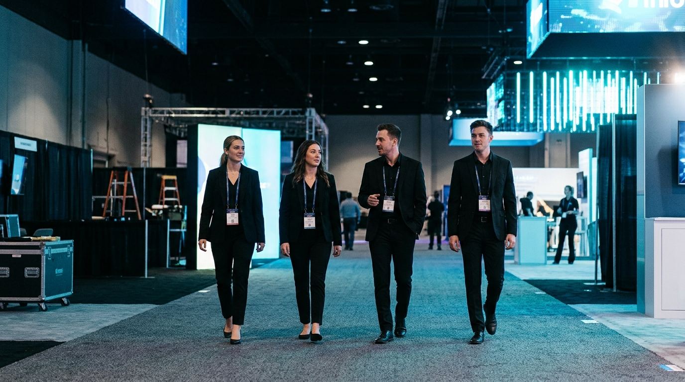 Crew of four booth staff walking a dark expo aisle lit by screens before the Black Hat Business Hall opens