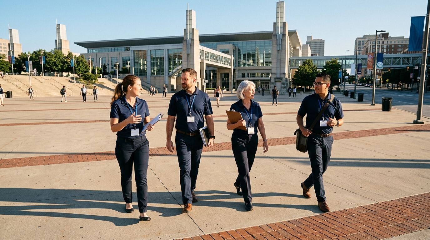 Crew of four booth staff walking across a downtown Kansas City plaza near the convention center in the morning