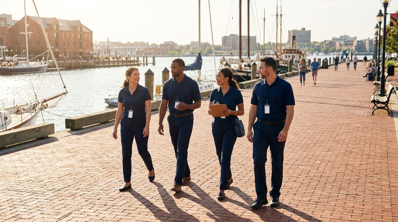 Crew of four booth staff walking along the Inner Harbor promenade in the morning on the way to the convention center