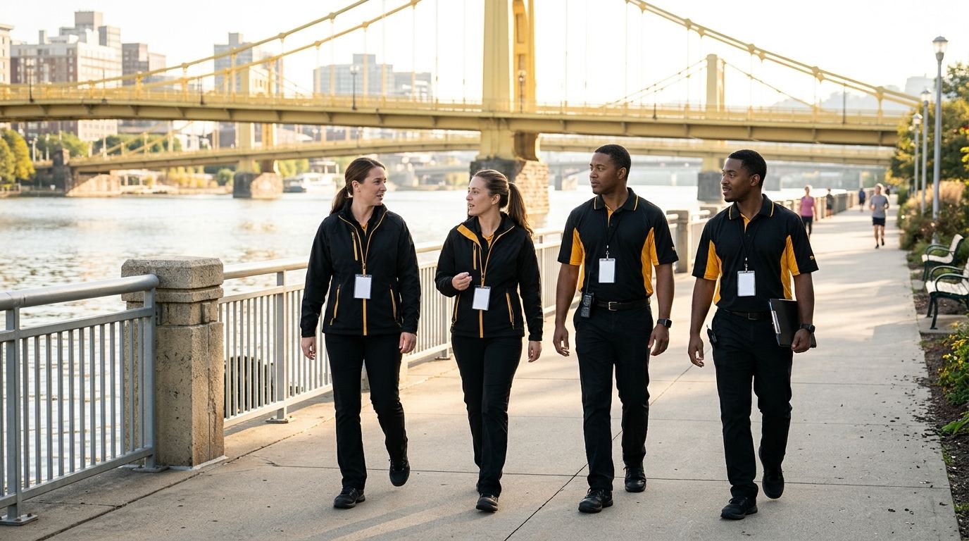 Crew of four booth staff walking along the Pittsburgh riverfront in the morning with yellow bridges behind them