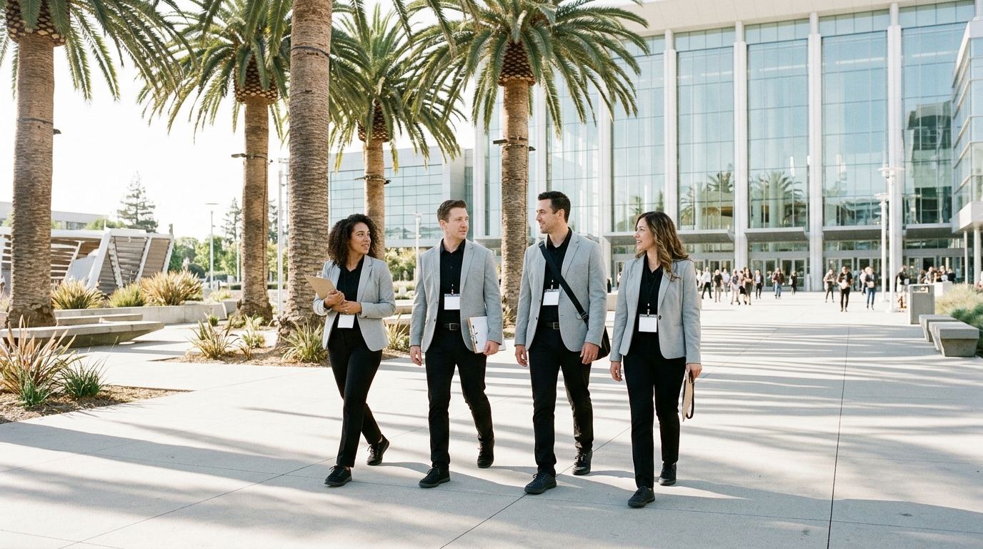 Crew of four booth staff walking past palm trees and a modern glass convention center in Silicon Valley sunshine