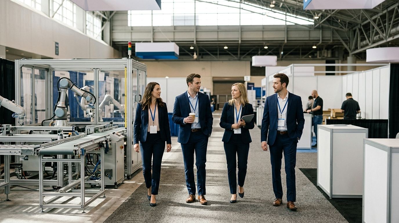 Crew of four booth staff walking past running conveyor demos in an automation hall before the show opens