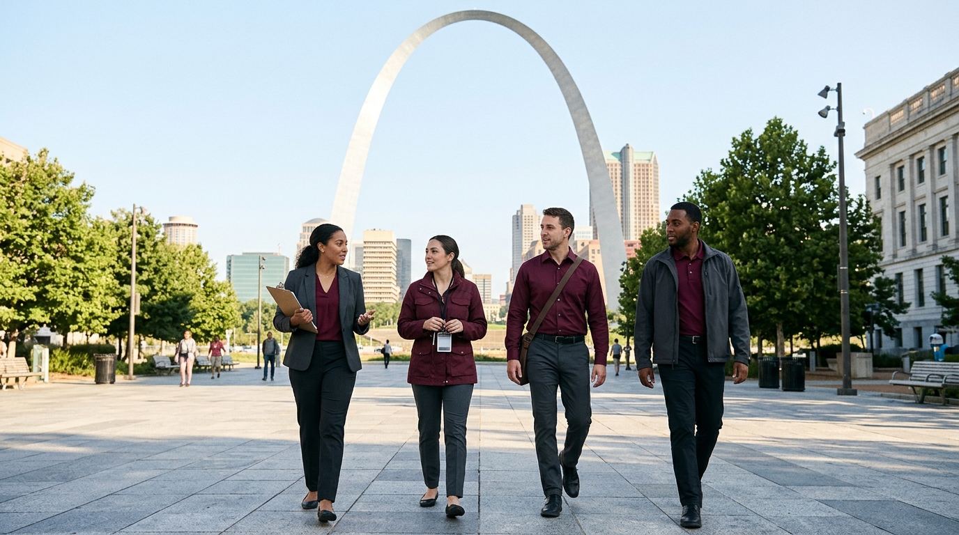 Crew of four booth staff walking through downtown St. Louis in the morning with the Gateway Arch in the background