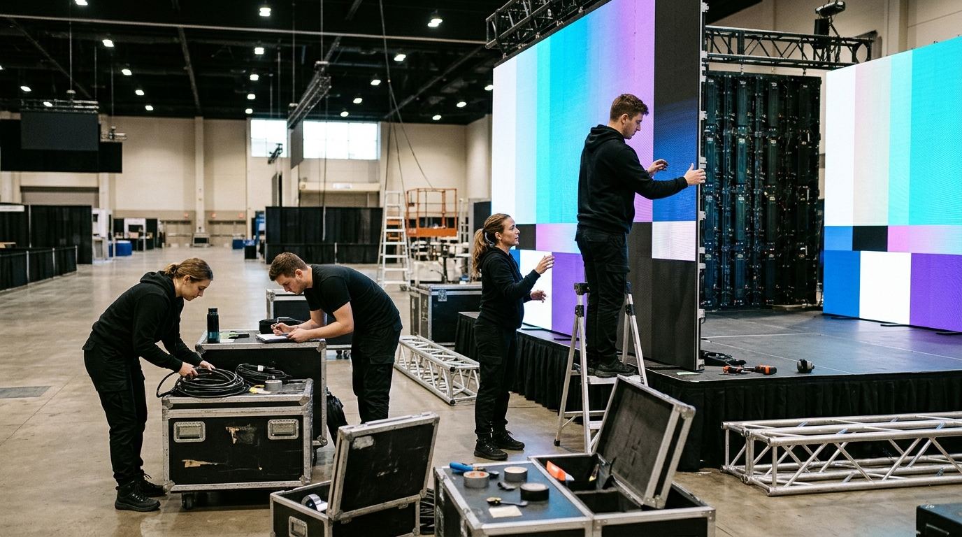 Crew of four setting up an LED wall stage at a media tech booth before the NAB Show floor opens