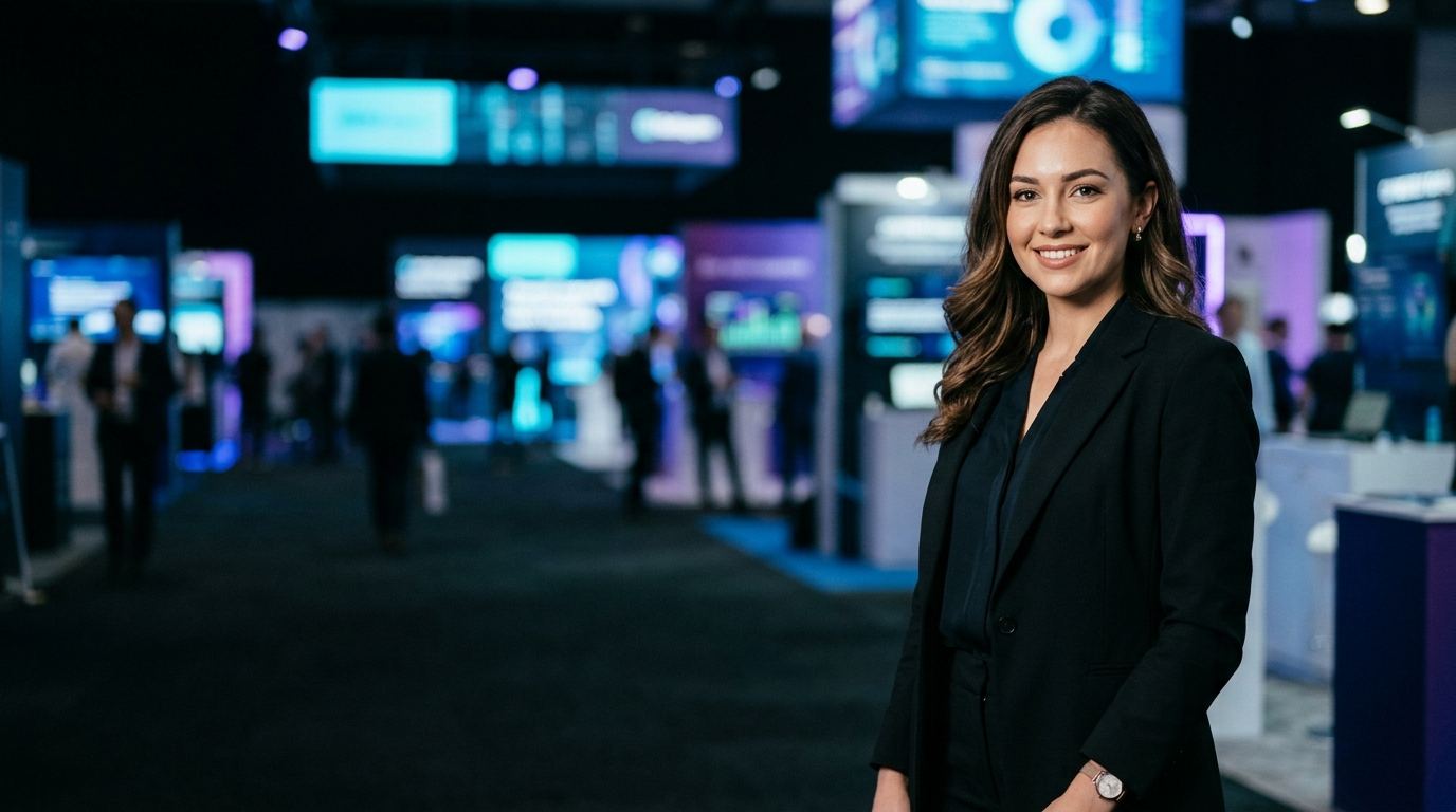 Dark cybersecurity expo hall with glowing data screens and a brand ambassador in a black suit, the setting Black Hat 2027 staffing crews work in