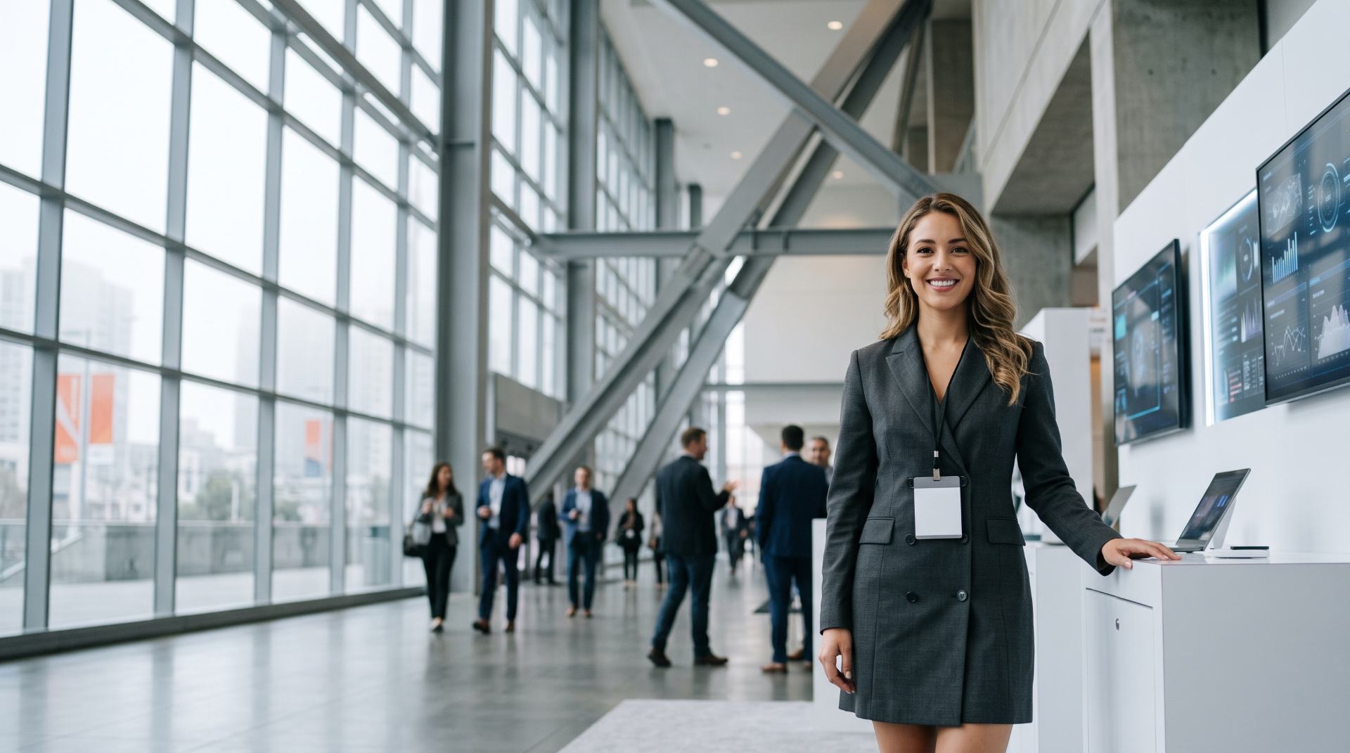 Demo host in a charcoal blazer dress at a minimalist tech booth in a glass convention lobby, San Francisco