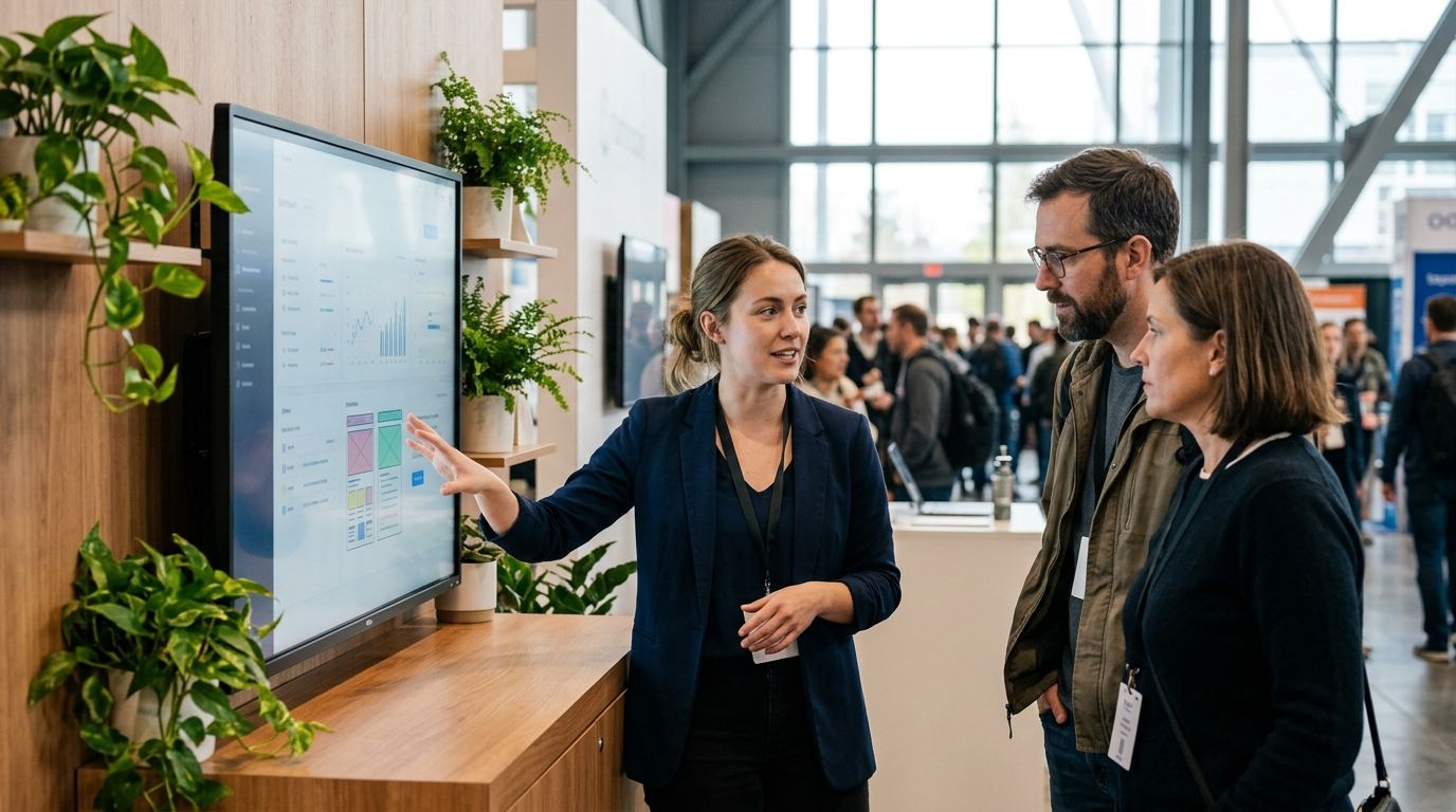 Demo host showing software on a touchscreen to engineers at a Seattle tech booth