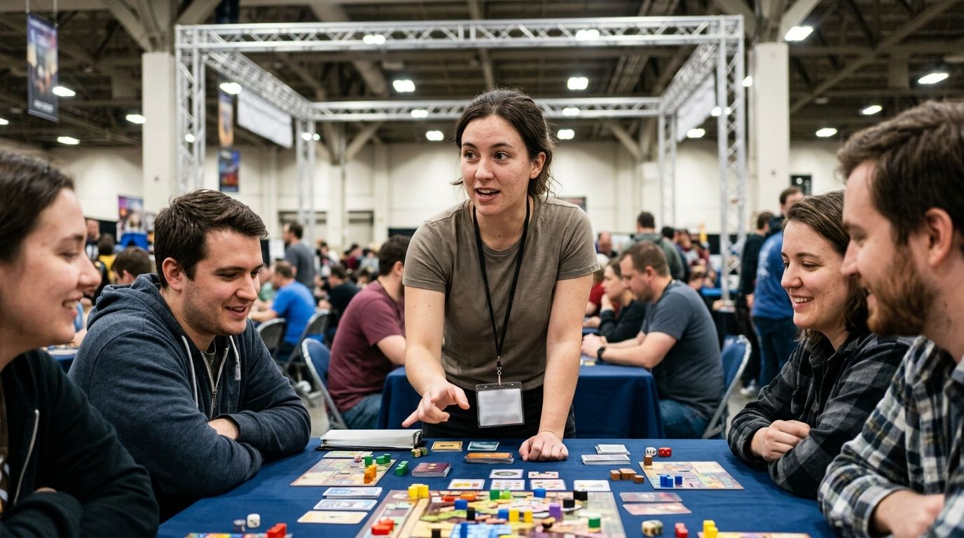 Demo host teaching a board game at an Indianapolis gaming convention