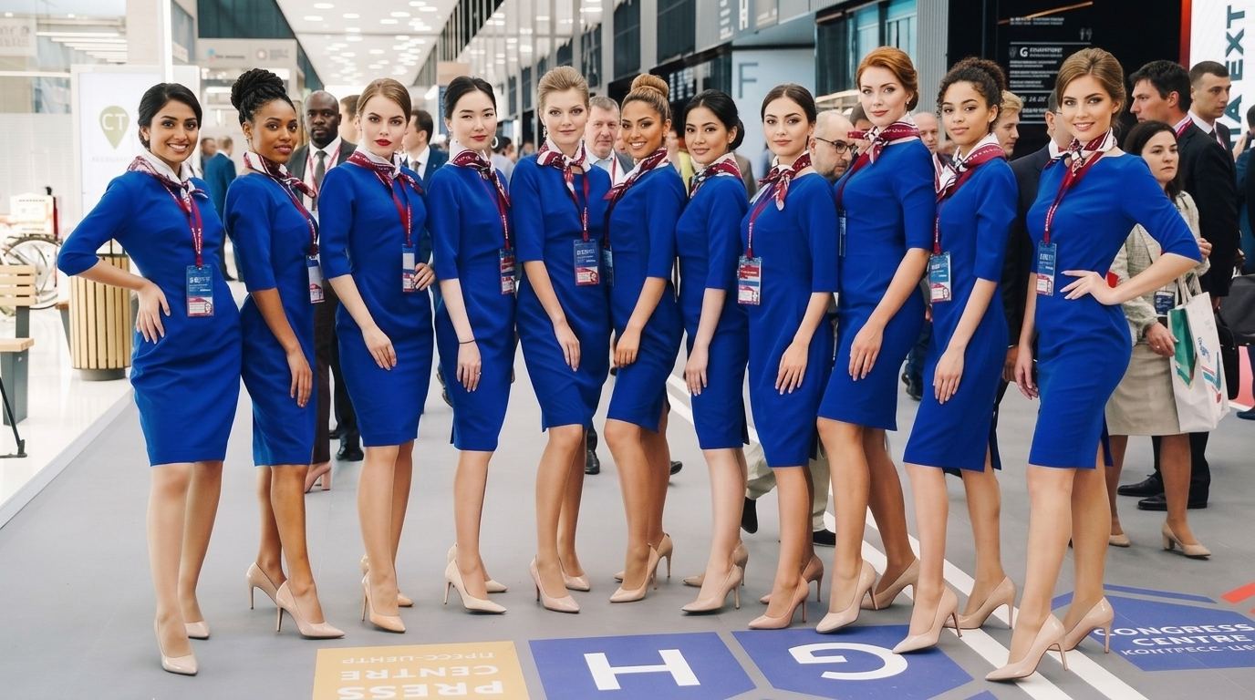 Eleven hostesses in matching royal blue sheath dresses, burgundy print neck scarves and lanyard badges lined up in a convention hall, the coordinated look Purple brings to IAAPA Expo booth staff