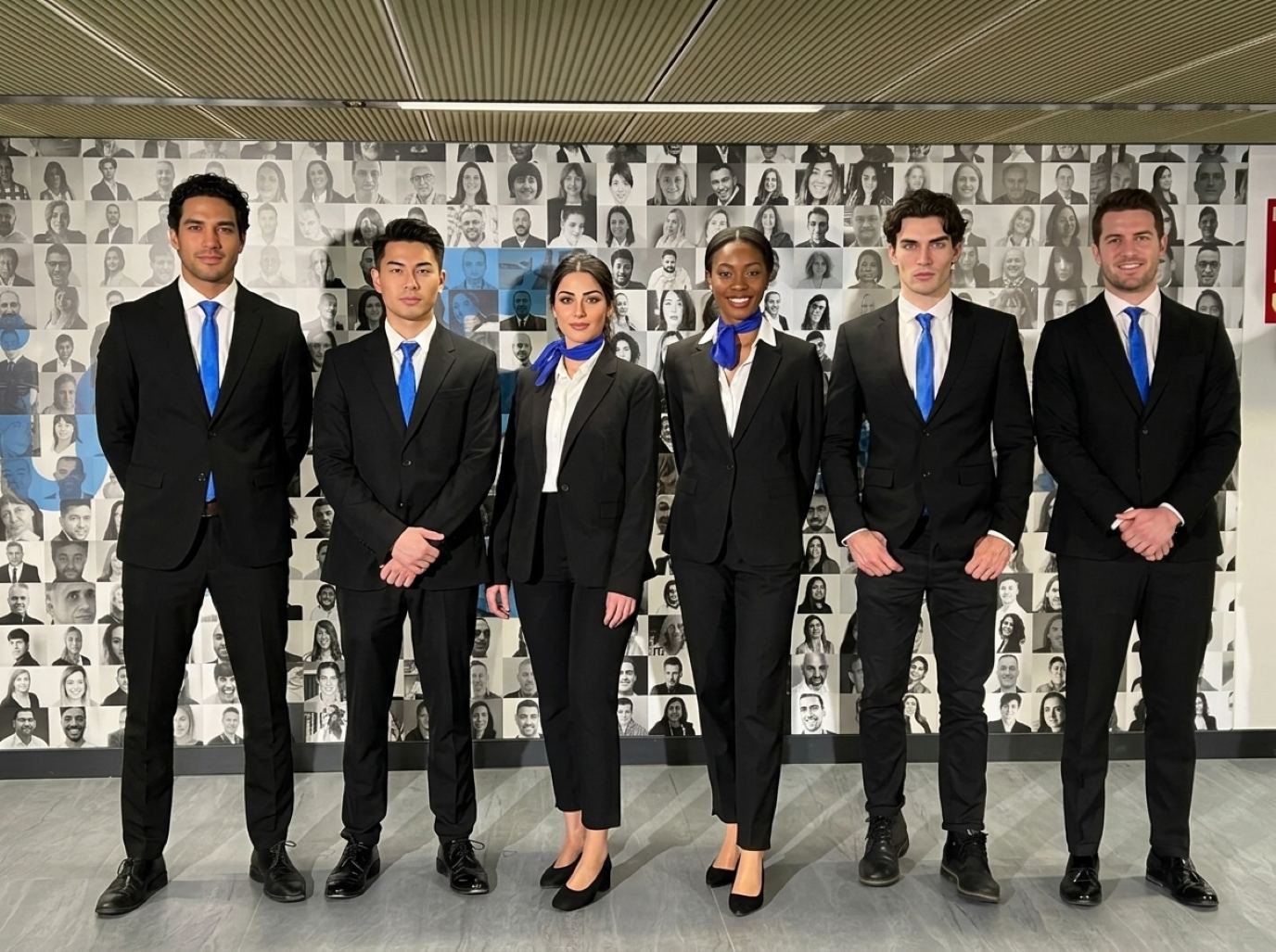 Event staff team in black suits with matching royal-blue ties and neck scarves standing in a row before doors open