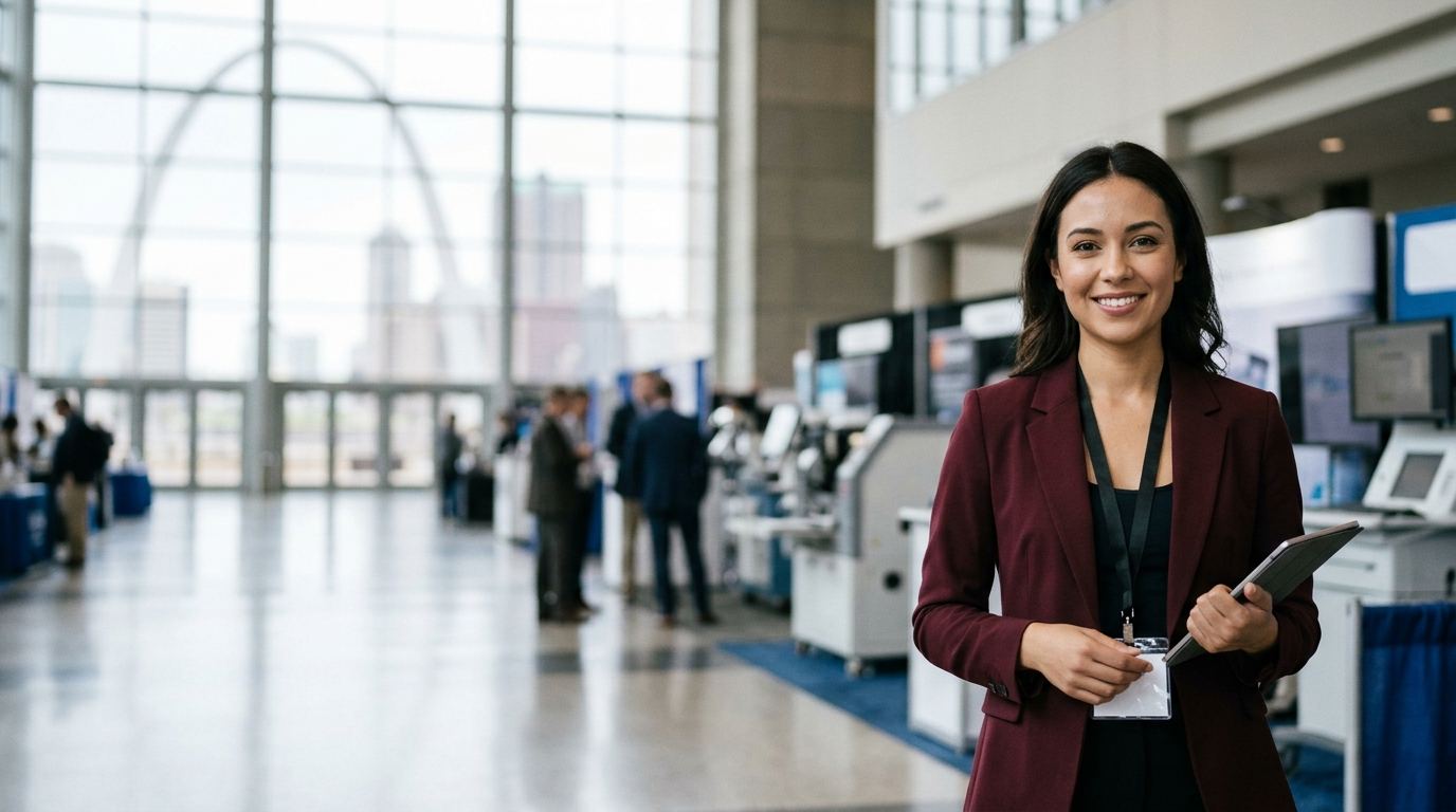 Exhibit hall at America’s Center in St. Louis with manufacturing and medical device booths and a brand ambassador in a burgundy blazer greeting visitors