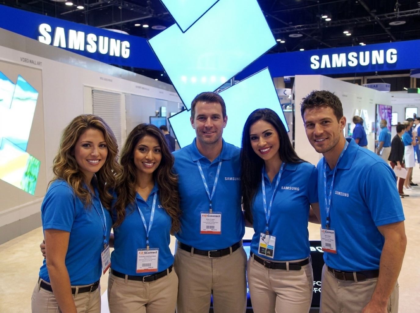 Five booth reps in matching royal blue polos and khakis standing together in front of a large electronics exhibit