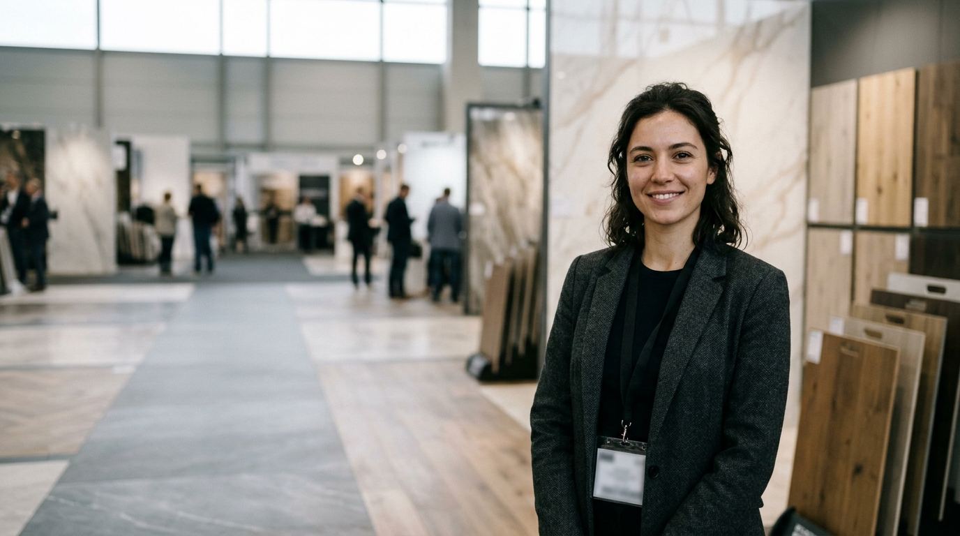Booth host in a charcoal blazer standing between a marble-look slab wall and a rack of oak plank samples at a flooring exhibit