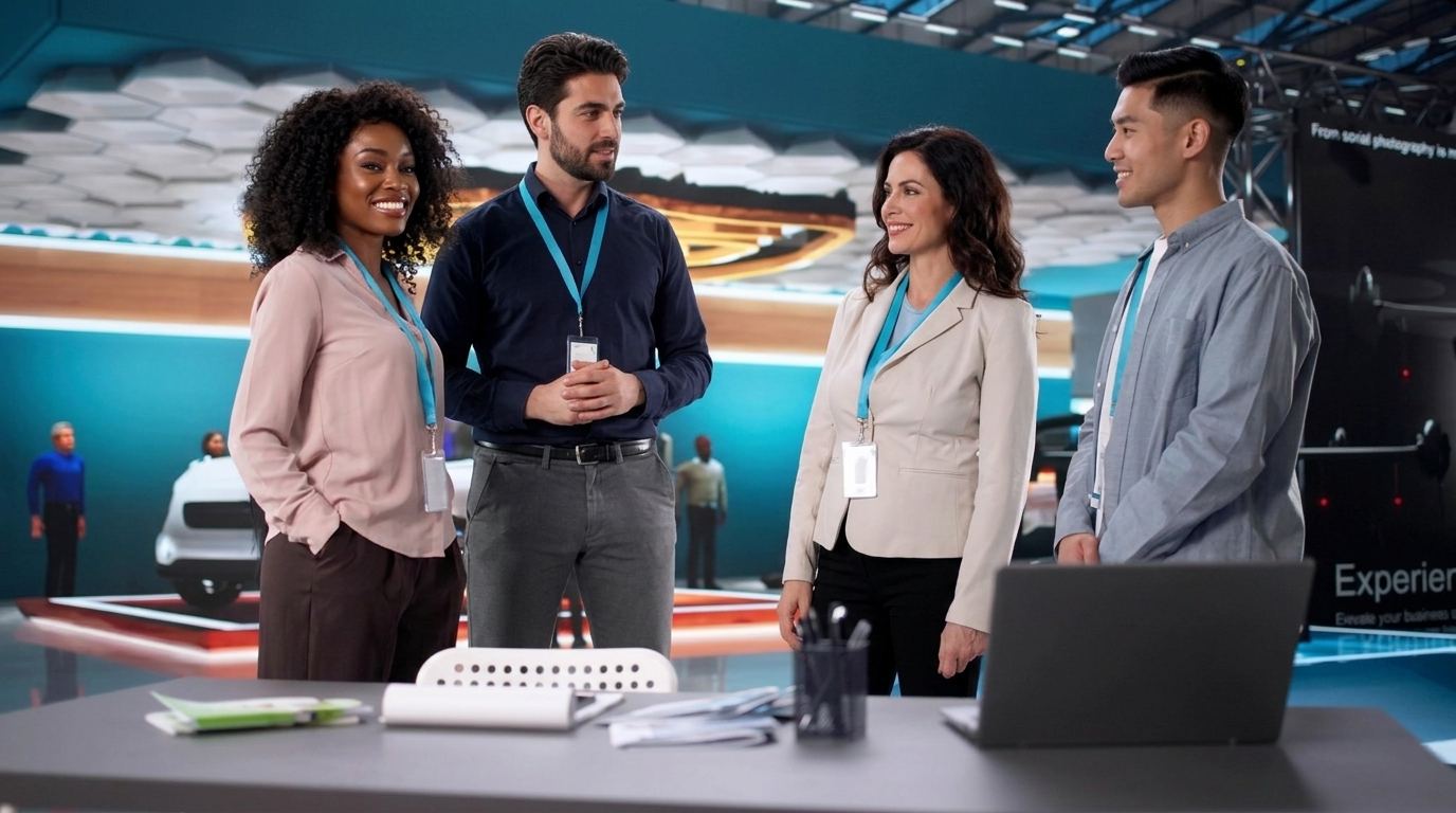 Four booth staff in business casual with matching teal lanyards standing at a tech exhibit counter with a laptop