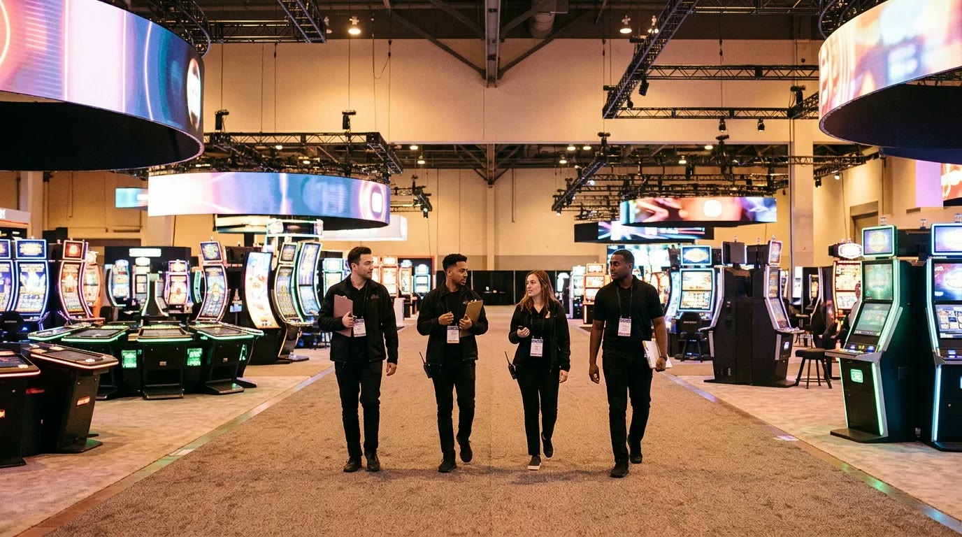Four booth staff in matching outfits walking a casino gaming expo hall past slot cabinets before the doors open