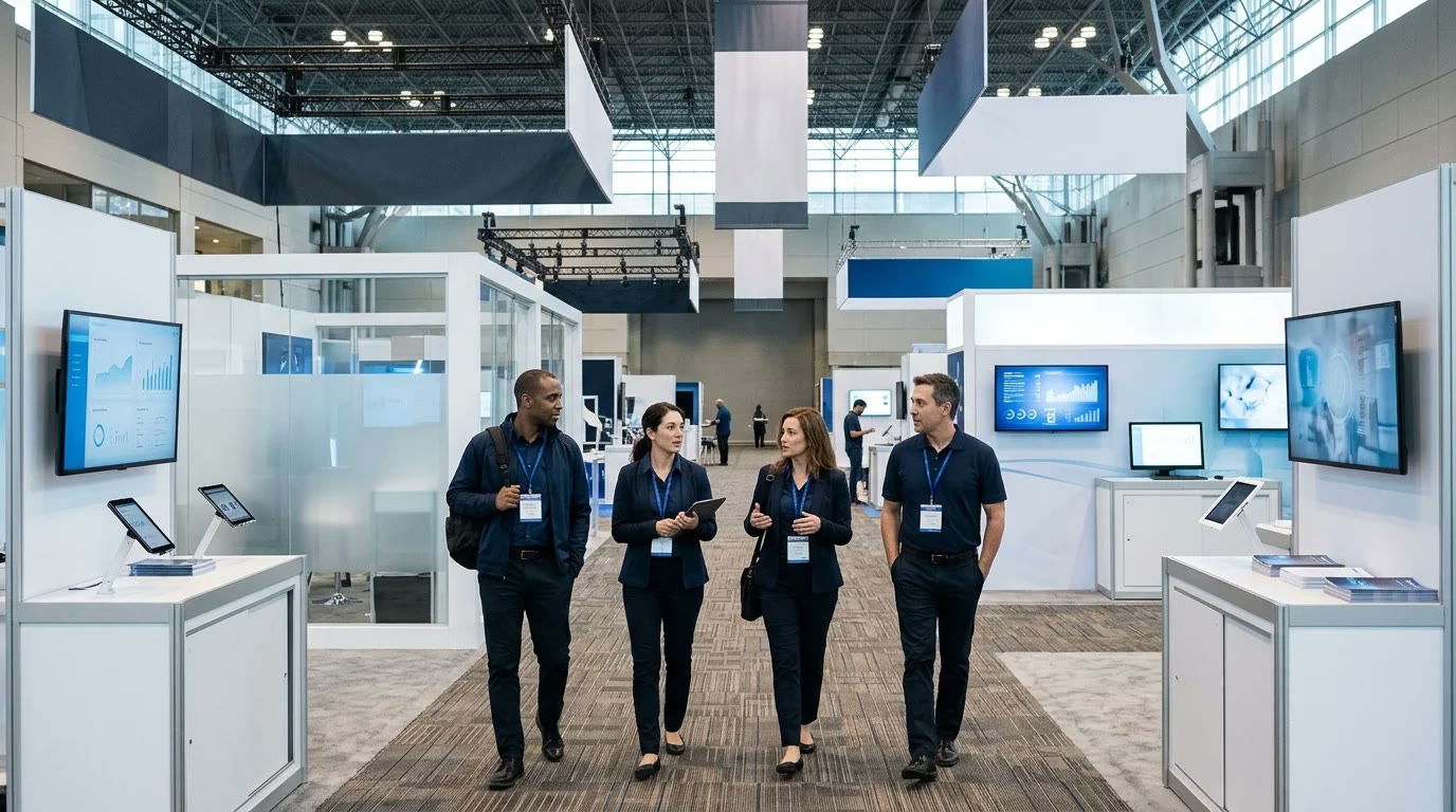 Four booth staff in matching outfits walking a healthcare IT expo hall past demo screens before the doors open